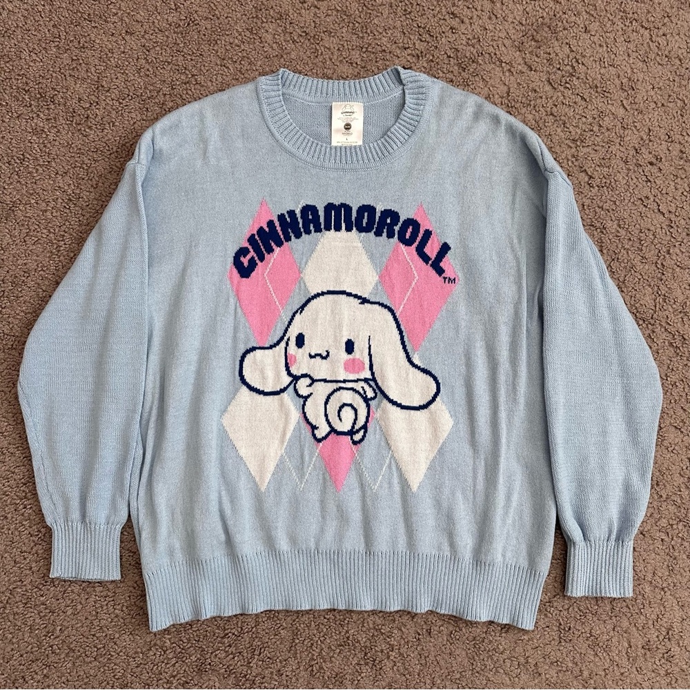 Cinnamoroll Sanrio Argyle Knit Sweater Light Blue Womens L